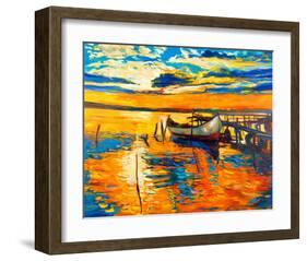 Moored Boat and Ocean Sunset-null-Framed Art Print