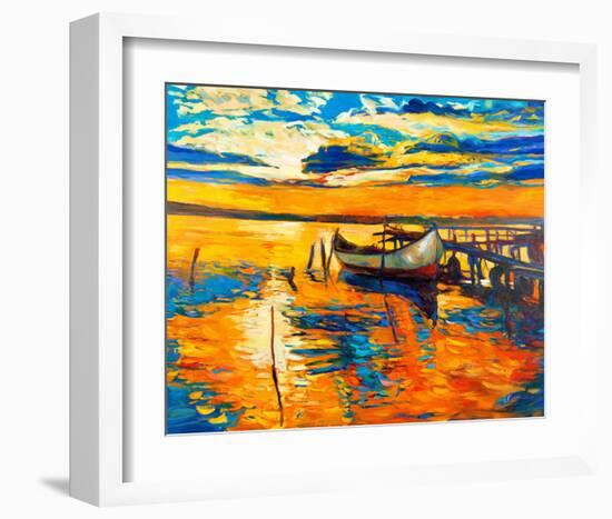 Moored Boat and Ocean Sunset-null-Framed Art Print