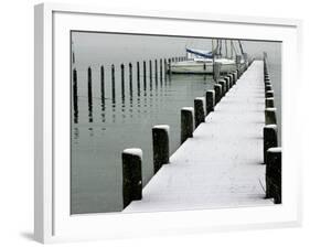 Moored Boats and a Dock are Covered by Overnight Snow at Lake Chiemsee-null-Framed Photographic Print