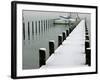 Moored Boats and a Dock are Covered by Overnight Snow at Lake Chiemsee-null-Framed Photographic Print