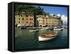 Moored Boats and Architecture of Portofino, Liguria, Italy, Mediterranean, Europe-Howell Michael-Framed Stretched Canvas