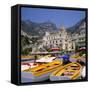 Moored Boats and Church, Positano, Campania, Itay-Roy Rainford-Framed Stretched Canvas