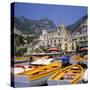 Moored Boats and Church, Positano, Campania, Itay-Roy Rainford-Stretched Canvas