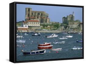 Moored Boats and the 12th Century Church of Santa Maria, Castro Urdiales, Cantabria, Spain-Maxwell Duncan-Framed Stretched Canvas