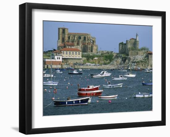 Moored Boats and the 12th Century Church of Santa Maria, Castro Urdiales, Cantabria, Spain-Maxwell Duncan-Framed Photographic Print