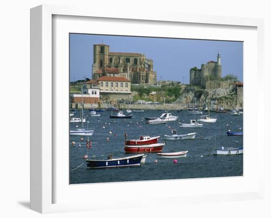 Moored Boats and the 12th Century Church of Santa Maria, Castro Urdiales, Cantabria, Spain-Maxwell Duncan-Framed Photographic Print