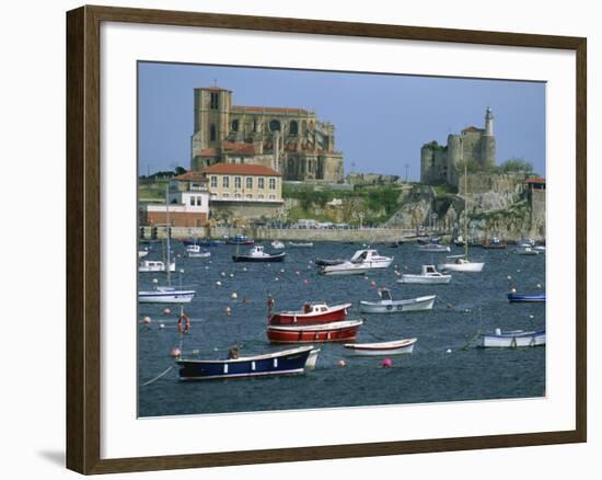 Moored Boats and the 12th Century Church of Santa Maria, Castro Urdiales, Cantabria, Spain-Maxwell Duncan-Framed Photographic Print