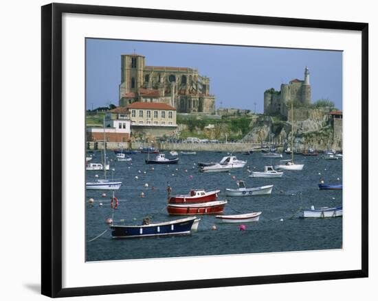 Moored Boats and the 12th Century Church of Santa Maria, Castro Urdiales, Cantabria, Spain-Maxwell Duncan-Framed Photographic Print