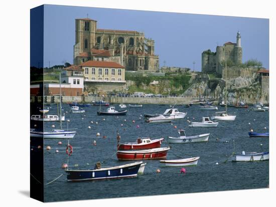 Moored Boats and the 12th Century Church of Santa Maria, Castro Urdiales, Cantabria, Spain-Maxwell Duncan-Stretched Canvas