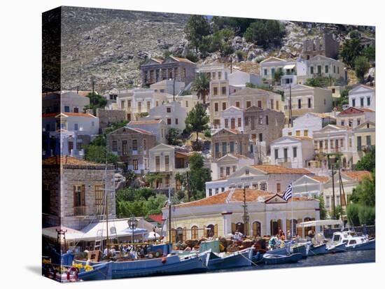Moored Boats and Waterfront Buildings, Gialos, Symi (Simi), Dodecanese Islands, Greece-G Richardson-Stretched Canvas