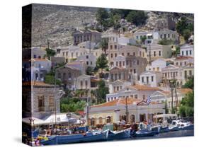 Moored Boats and Waterfront Buildings, Gialos, Symi (Simi), Dodecanese Islands, Greece-G Richardson-Stretched Canvas