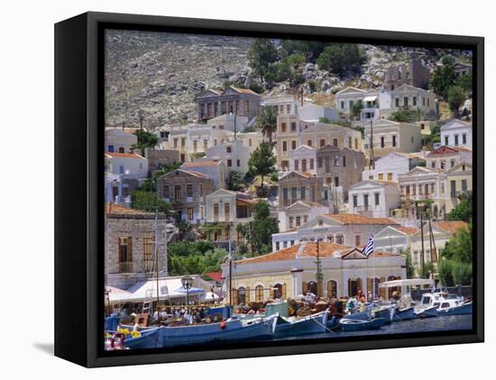 Moored Boats and Waterfront Buildings, Gialos, Symi (Simi), Dodecanese Islands, Greece-G Richardson-Framed Stretched Canvas