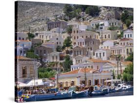 Moored Boats and Waterfront Buildings, Gialos, Symi (Simi), Dodecanese Islands, Greece-G Richardson-Stretched Canvas