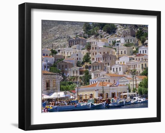 Moored Boats and Waterfront Buildings, Gialos, Symi (Simi), Dodecanese Islands, Greece-G Richardson-Framed Premium Photographic Print