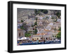 Moored Boats and Waterfront Buildings, Gialos, Symi (Simi), Dodecanese Islands, Greece-G Richardson-Framed Photographic Print