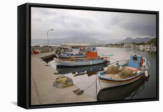 Moored Fishing Boats in Apothika Village Harbour, Greece-Nick Upton-Framed Stretched Canvas