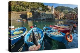 Moored Fishing Boats in the Small Port of Vernazza, Cinque Terre, Liguria, Italy-Stefano Politi Markovina-Stretched Canvas