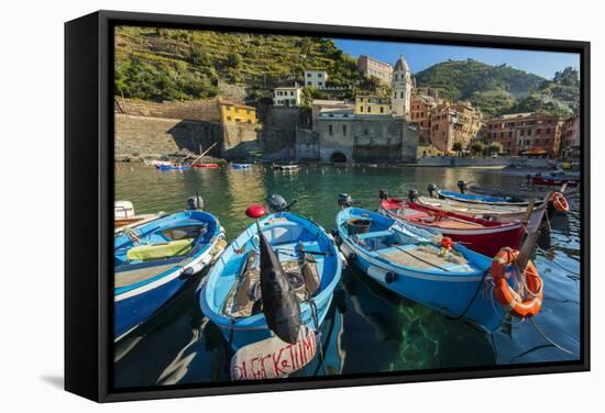 Moored Fishing Boats in the Small Port of Vernazza, Cinque Terre, Liguria, Italy-Stefano Politi Markovina-Framed Stretched Canvas