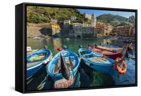 Moored Fishing Boats in the Small Port of Vernazza, Cinque Terre, Liguria, Italy-Stefano Politi Markovina-Framed Stretched Canvas
