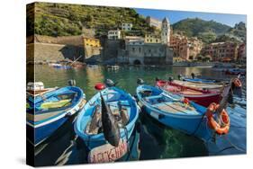 Moored Fishing Boats in the Small Port of Vernazza, Cinque Terre, Liguria, Italy-Stefano Politi Markovina-Stretched Canvas