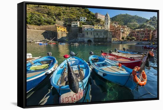 Moored Fishing Boats in the Small Port of Vernazza, Cinque Terre, Liguria, Italy-Stefano Politi Markovina-Framed Stretched Canvas