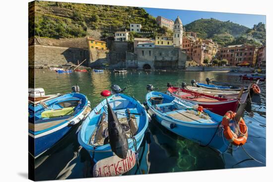 Moored Fishing Boats in the Small Port of Vernazza, Cinque Terre, Liguria, Italy-Stefano Politi Markovina-Stretched Canvas