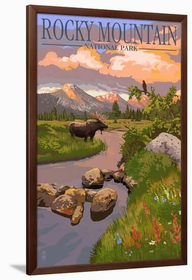 Moose and Meadow - Rocky Mountain National Park-Lantern Press-Framed Art Print