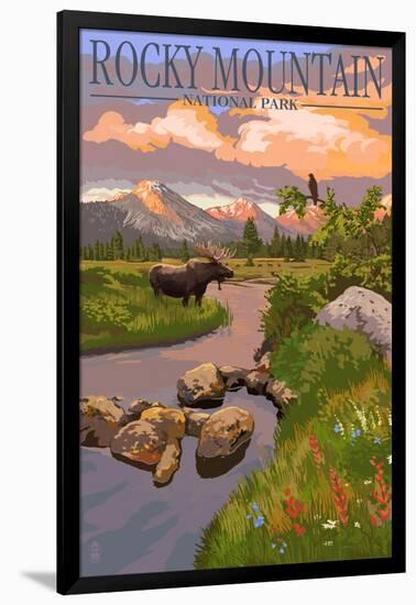 Moose and Meadow - Rocky Mountain National Park-Lantern Press-Framed Art Print