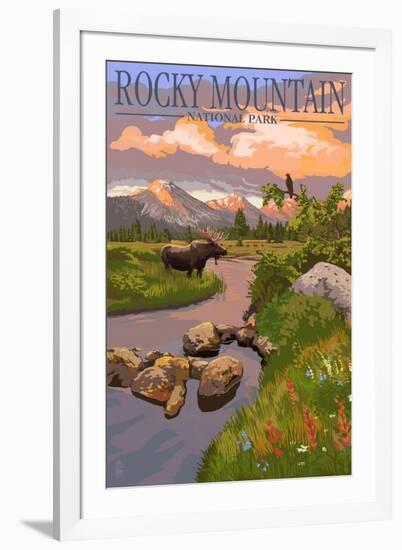 Moose and Meadow - Rocky Mountain National Park-Lantern Press-Framed Art Print