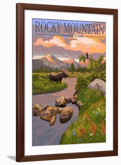 Moose and Meadow - Rocky Mountain National Park-Lantern Press-Framed Art Print