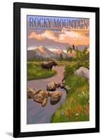 Moose and Meadow - Rocky Mountain National Park-Lantern Press-Framed Art Print