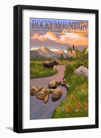 Moose and Meadow - Rocky Mountain National Park-Lantern Press-Framed Art Print