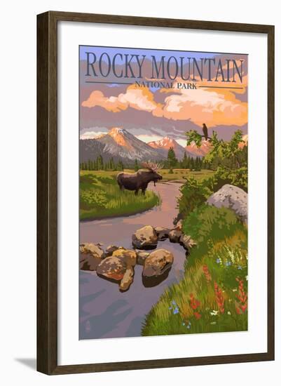 Moose and Meadow - Rocky Mountain National Park-Lantern Press-Framed Art Print