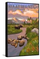 Moose and Meadow - Rocky Mountain National Park-Lantern Press-Framed Stretched Canvas