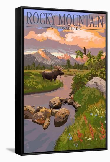 Moose and Meadow - Rocky Mountain National Park-Lantern Press-Framed Stretched Canvas