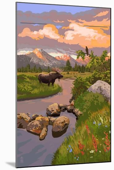 Moose and Meadow-Lantern Press-Mounted Art Print