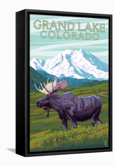 Moose and Mountain - Grand Lake, Colorado-Lantern Press-Framed Stretched Canvas