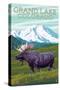 Moose and Mountain - Grand Lake, Colorado-Lantern Press-Stretched Canvas
