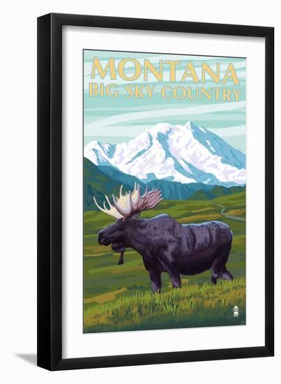 Moose and Mountain - Montana Big Sky Country, c.2009-Lantern Press-Framed Art Print