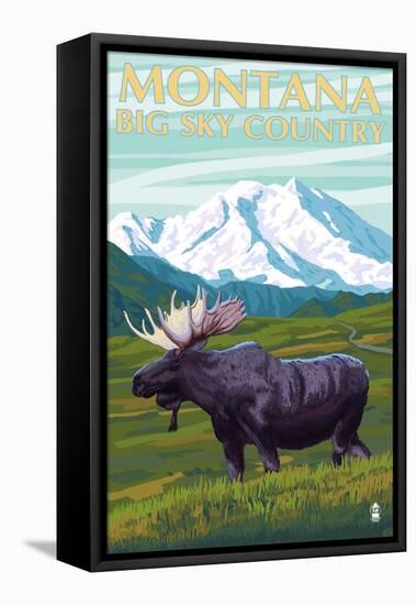 Moose and Mountain - Montana Big Sky Country, c.2009-Lantern Press-Framed Stretched Canvas