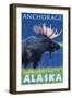 Moose at Night, Anchorage, Alaska-Lantern Press-Framed Art Print