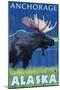 Moose at Night, Anchorage, Alaska-Lantern Press-Mounted Art Print