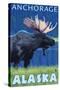 Moose at Night, Anchorage, Alaska-Lantern Press-Stretched Canvas