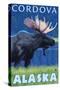 Moose at Night, Cordova, Alaska-Lantern Press-Stretched Canvas
