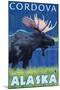 Moose at Night, Cordova, Alaska-Lantern Press-Mounted Art Print