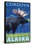 Moose at Night, Cordova, Alaska-Lantern Press-Framed Stretched Canvas