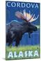 Moose at Night, Cordova, Alaska-Lantern Press-Mounted Art Print