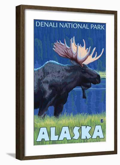 Moose at Night, Denali National Park, Alaska-Lantern Press-Framed Art Print