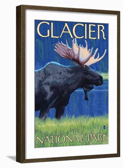 Moose at Night, Glacier National Park, Montana-Lantern Press-Framed Art Print