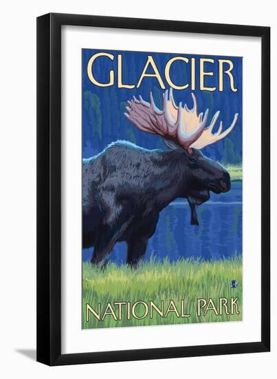 Moose at Night, Glacier National Park, Montana-Lantern Press-Framed Art Print